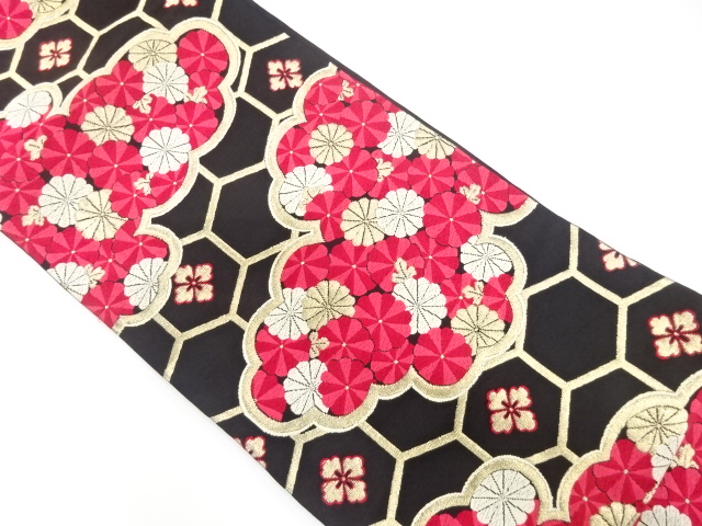 アンティーク　雲に菊・亀甲繋ぎ模様織り出し袋帯（着用可）